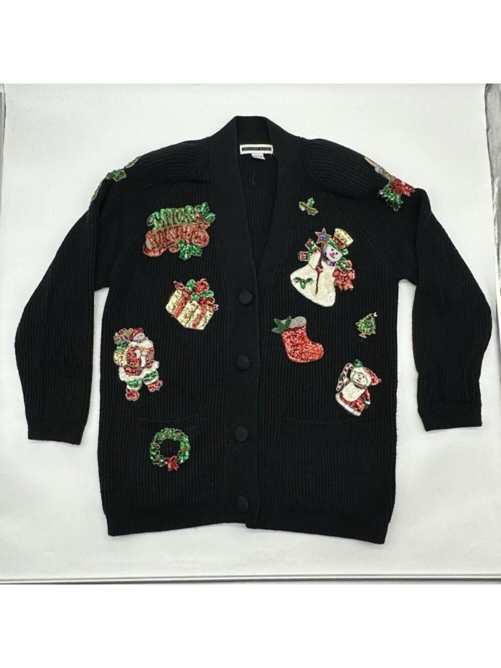 Jennifer Moore Size Medium Vintage Christmas Sequin Bead Black Cardigan Sweater